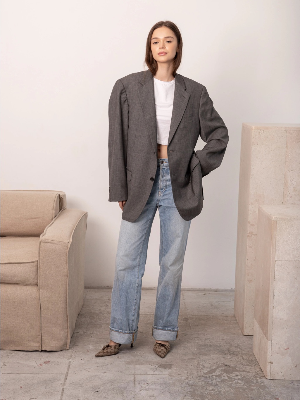 Havre Studio Gray Virgin Wool Pinstripe Oversized Blazer Jacket Nwt